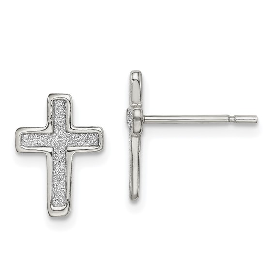 Sterling Silver Polished Glitter Infused Latin Cross Post Earrings