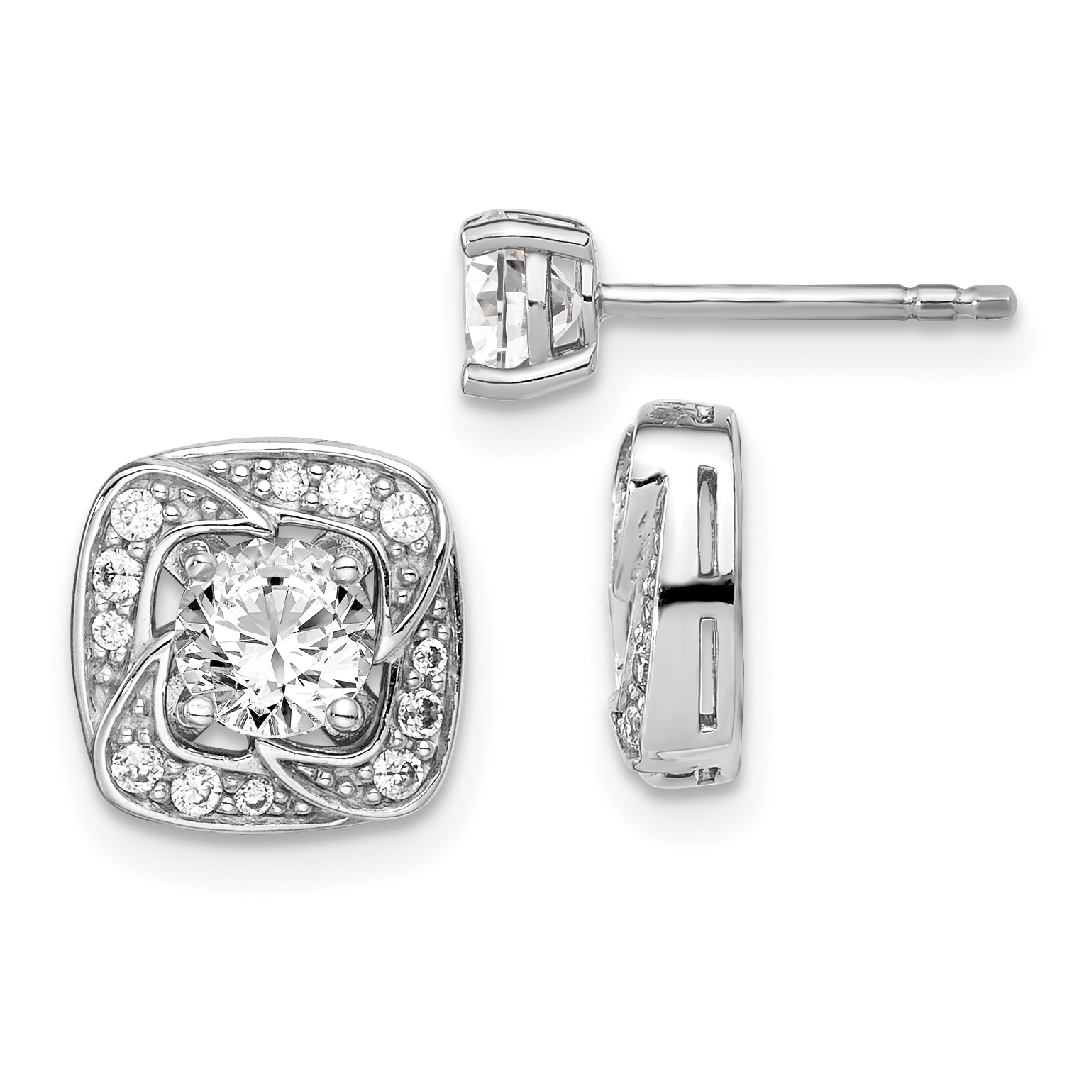 Silver RH-plated 5mm Round CZ Post w/ Square Jackets Earrings QE14878 - Picture 1 of 4