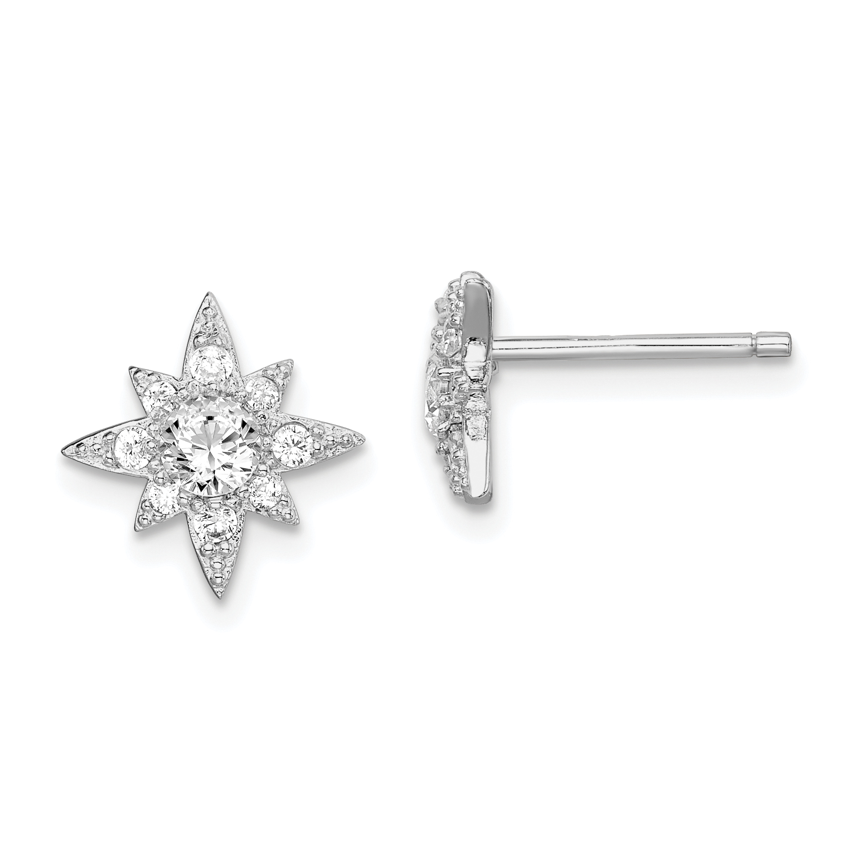 Sterling Silver Rhodium-plated Polished & Beaded CZ Star Post Earrings (QE14886)