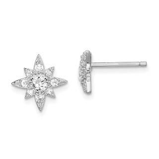 Sterling Silver Rhodium-plated Polished & Beaded CZ Star Post Earrings