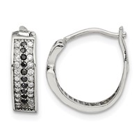 Sterling Silver RH-pltd Polished Black White CZ 4mm Round Hoop Earrings view 1