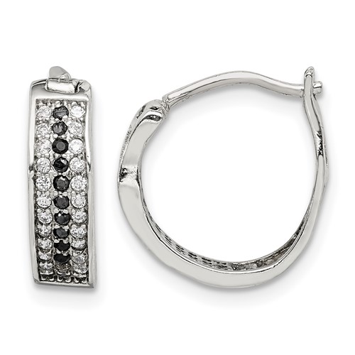 Sterling Silver RH-pltd Polished Black White CZ 4mm Round Hoop Earrings