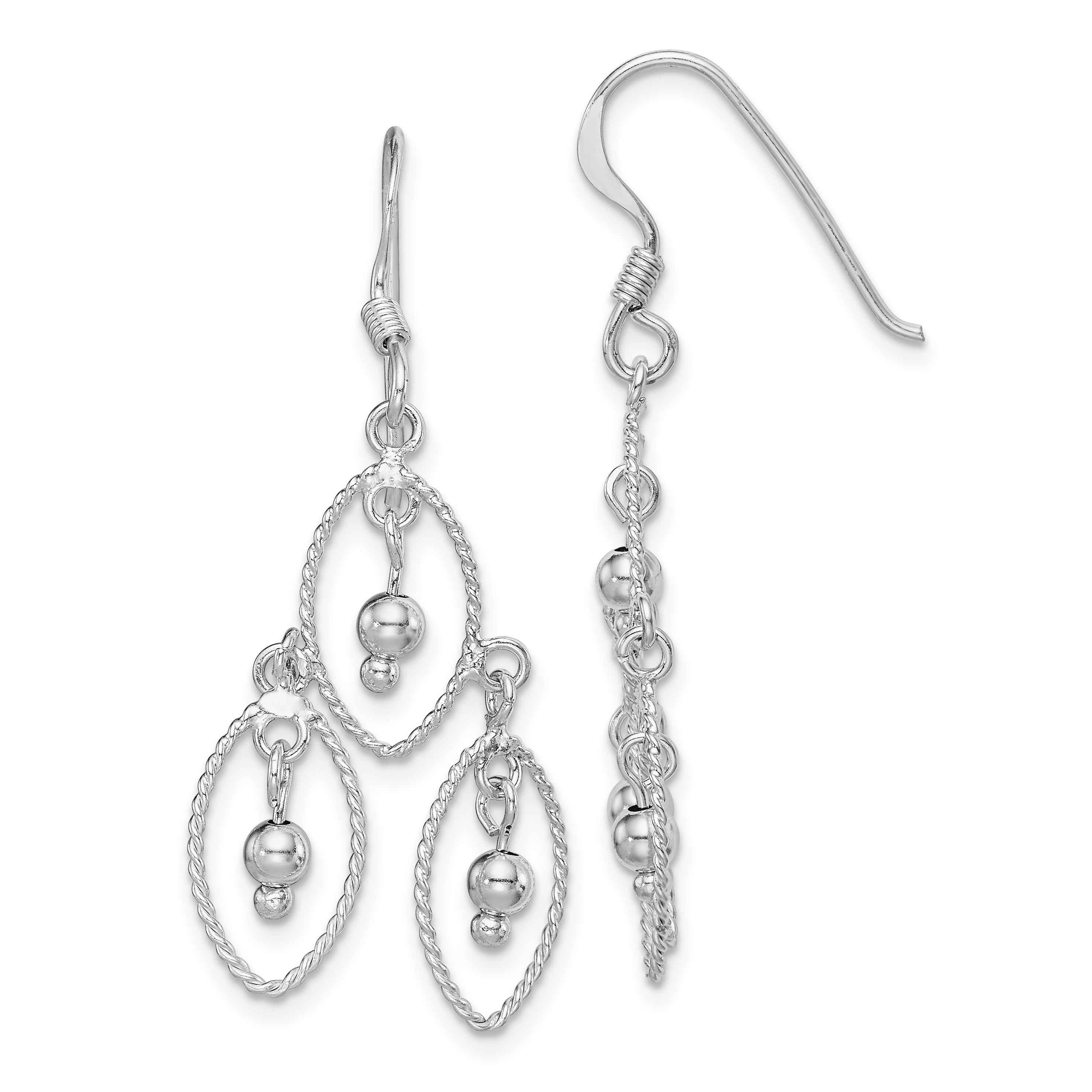 Sterling Silver Rhodium-plated Polished Textured & Beaded Dangle Earrings (QE14904)