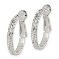 Sterling Silver Milgrain 2x20mm Omega Back Round Hoop Earrings view 2