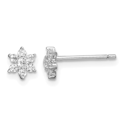 Sterling Silver Rhodium-plated CZ Flower Post Earrings