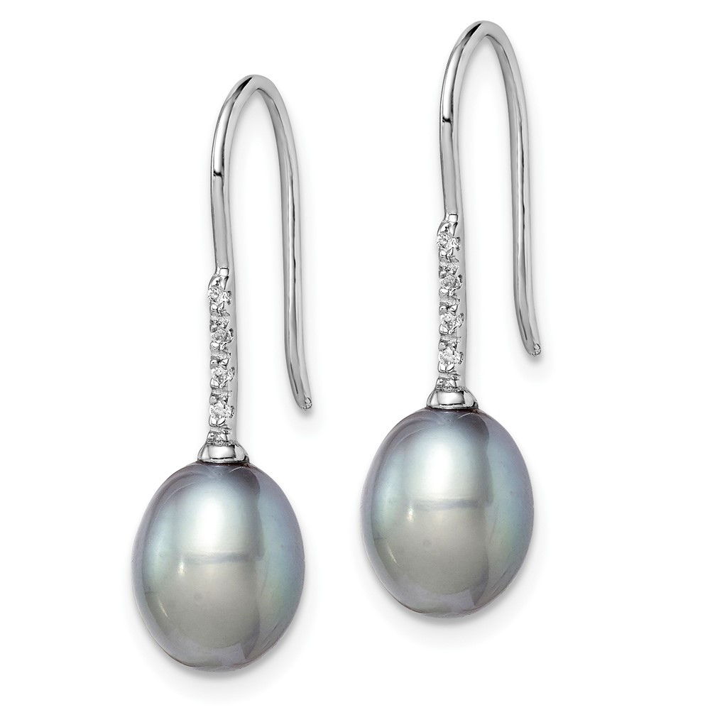 Sterling Silver Rhodium-plated 7-8mm Grey Teardrop Freshwater Cultured Pearl and CZ Dangle Earrings (QE14963)