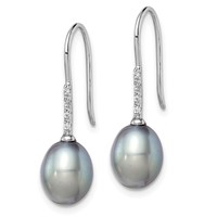 Sterling Silver Rhodium-plated 7-8mm Grey Teardrop Freshwater Cultured Pearl and CZ Dangle Earrings view 2