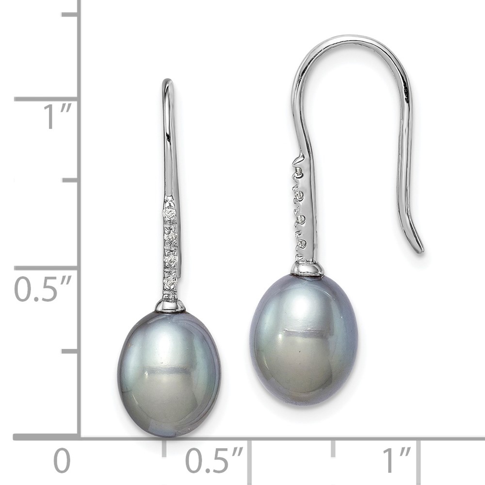 Sterling Silver Rhodium-plated 7-8mm Grey Teardrop Freshwater Cultured Pearl and CZ Dangle Earrings (QE14963)