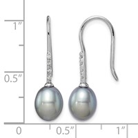 Sterling Silver Rhodium-plated 7-8mm Grey Teardrop Freshwater Cultured Pearl and CZ Dangle Earrings view 4
