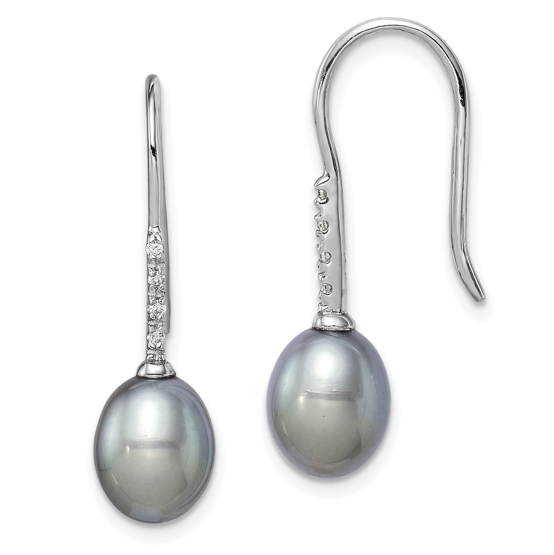 Sterling Silver Rhodium-plated 7-8mm Grey Teardrop Freshwater Cultured Pearl and CZ Dangle Earrings (QE14963)