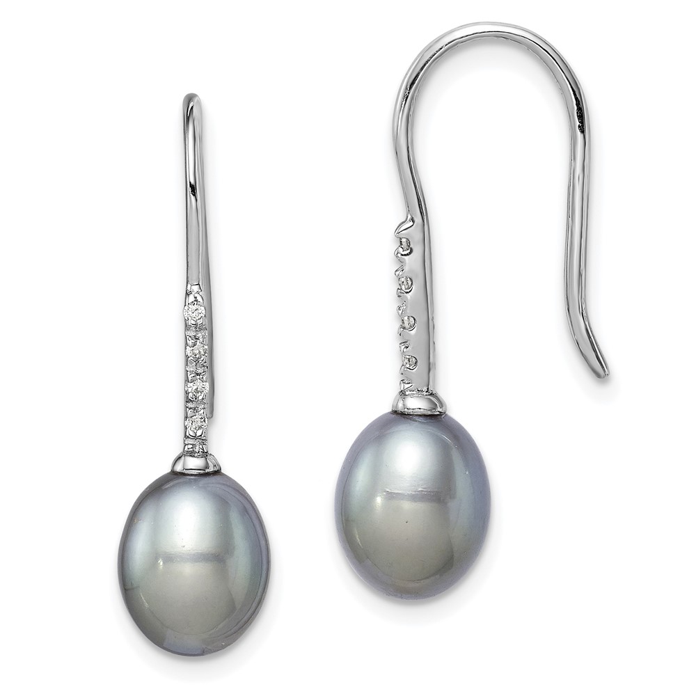 Sterling Silver Rhodium-plated 7-8mm Grey Teardrop Freshwater Cultured Pearl and CZ Dangle Earrings (QE14963)