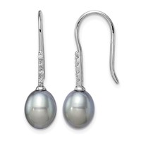 Sterling Silver Rhodium-plated 7-8mm Grey Teardrop Freshwater Cultured Pearl and CZ Dangle Earrings view 1