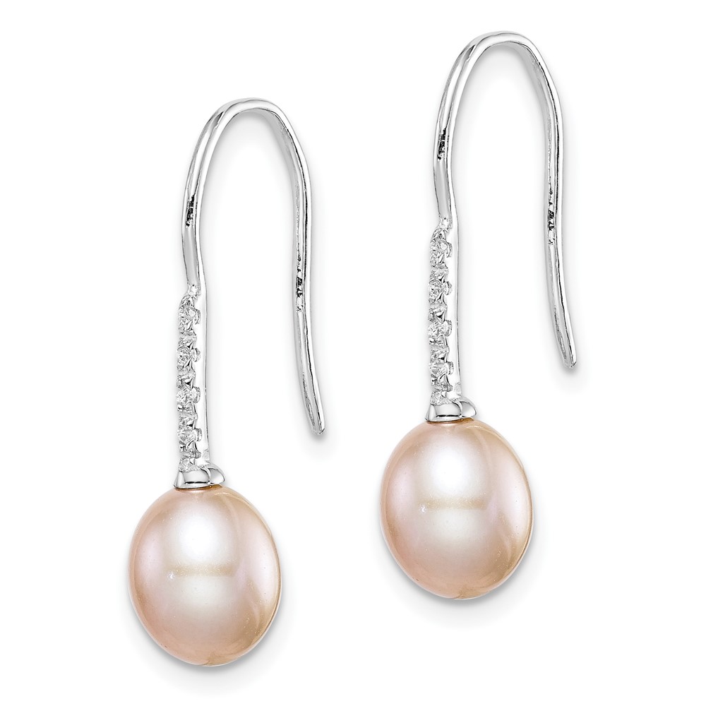 Sterling Silver Rhodium-plated 7-8mm Pink Teardrop Freshwater Cultured Pearl and CZ Dangle Earrings (QE14964)
