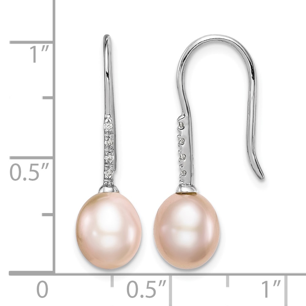 Sterling Silver Rhodium-plated 7-8mm Pink Teardrop Freshwater Cultured Pearl and CZ Dangle Earrings (QE14964)