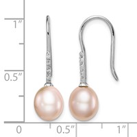 Sterling Silver Rhodium-plated 7-8mm Pink Teardrop Freshwater Cultured Pearl and CZ Dangle Earrings view 4