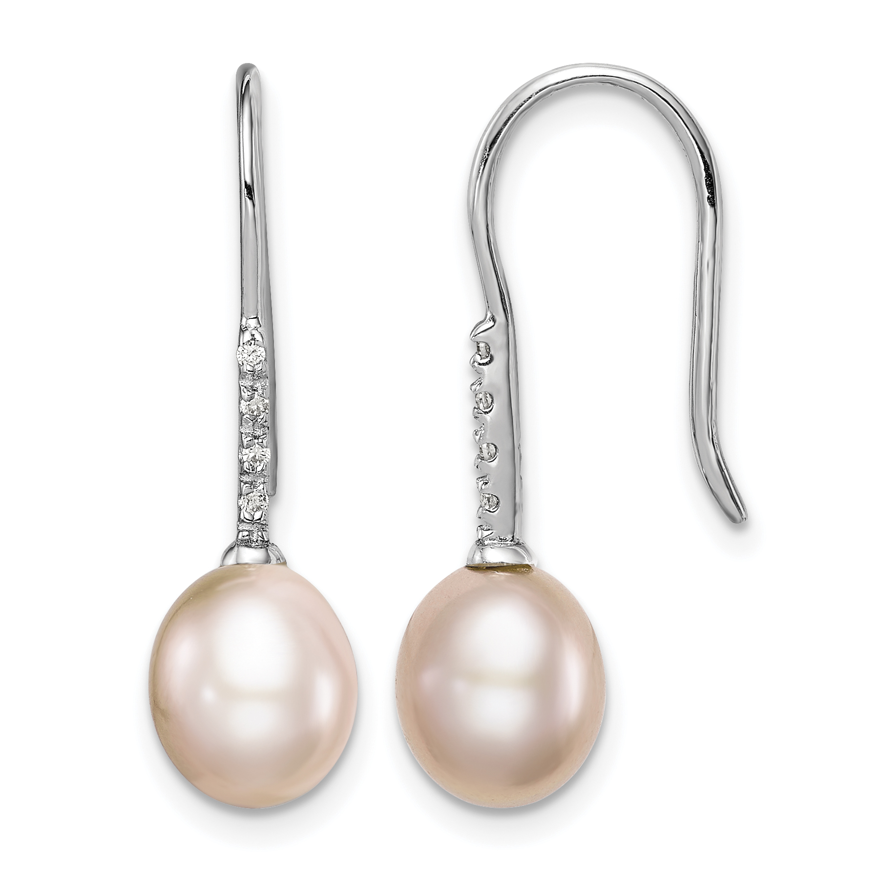 Sterling Silver Rhodium-plated 7-8mm Pink Teardrop Freshwater Cultured Pearl and CZ Dangle Earrings (QE14964)