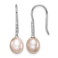 Sterling Silver Rhodium-plated 7-8mm Pink Teardrop Freshwater Cultured Pearl and CZ Dangle Earrings view 1