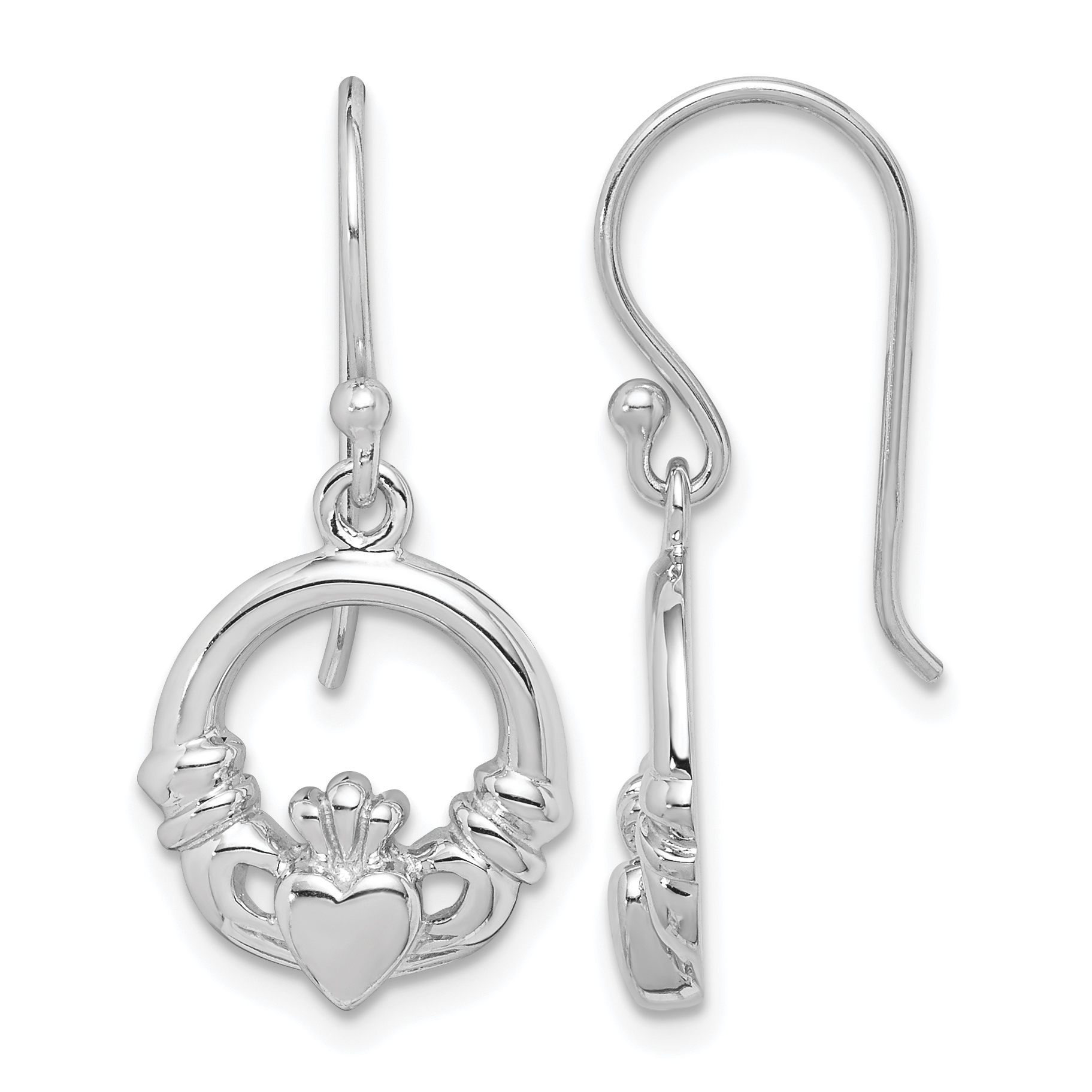 Sterling Silver Rhodium-plated Polished Claddagh Dangle Earrings (QE14972)
