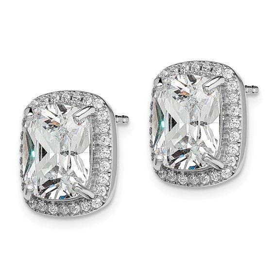 Sterling Silver RH-plated Polished 10x8mm Cushion CZ Halo Post Earrings