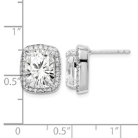 Sterling Silver RH-plated Polished 10x 8mm Cushion CZ Halo Post Earrings view 4