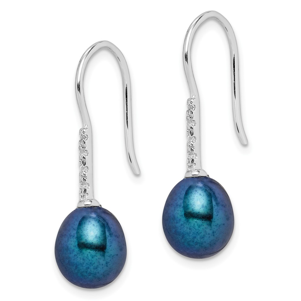 Sterling Silver Rhodium-plated 7-8mm Black Teardrop Freshwater Cultured Pearl and CZ Dangle Earrings (QE14983)
