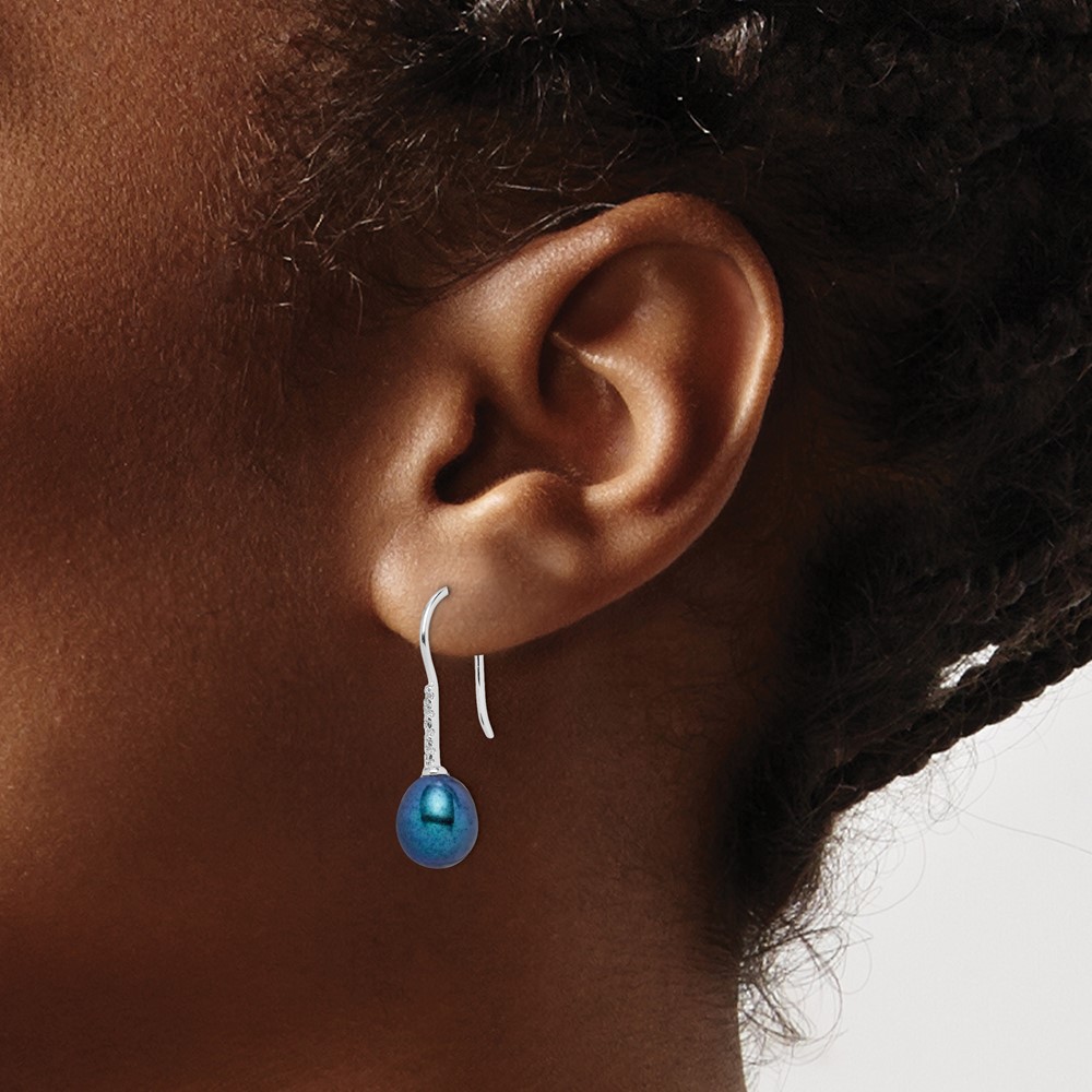 Sterling Silver Rhodium-plated 7-8mm Black Teardrop Freshwater Cultured Pearl and CZ Dangle Earrings (QE14983)