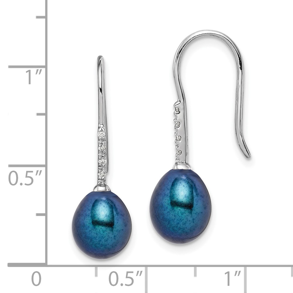 Sterling Silver Rhodium-plated 7-8mm Black Teardrop Freshwater Cultured Pearl and CZ Dangle Earrings (QE14983)