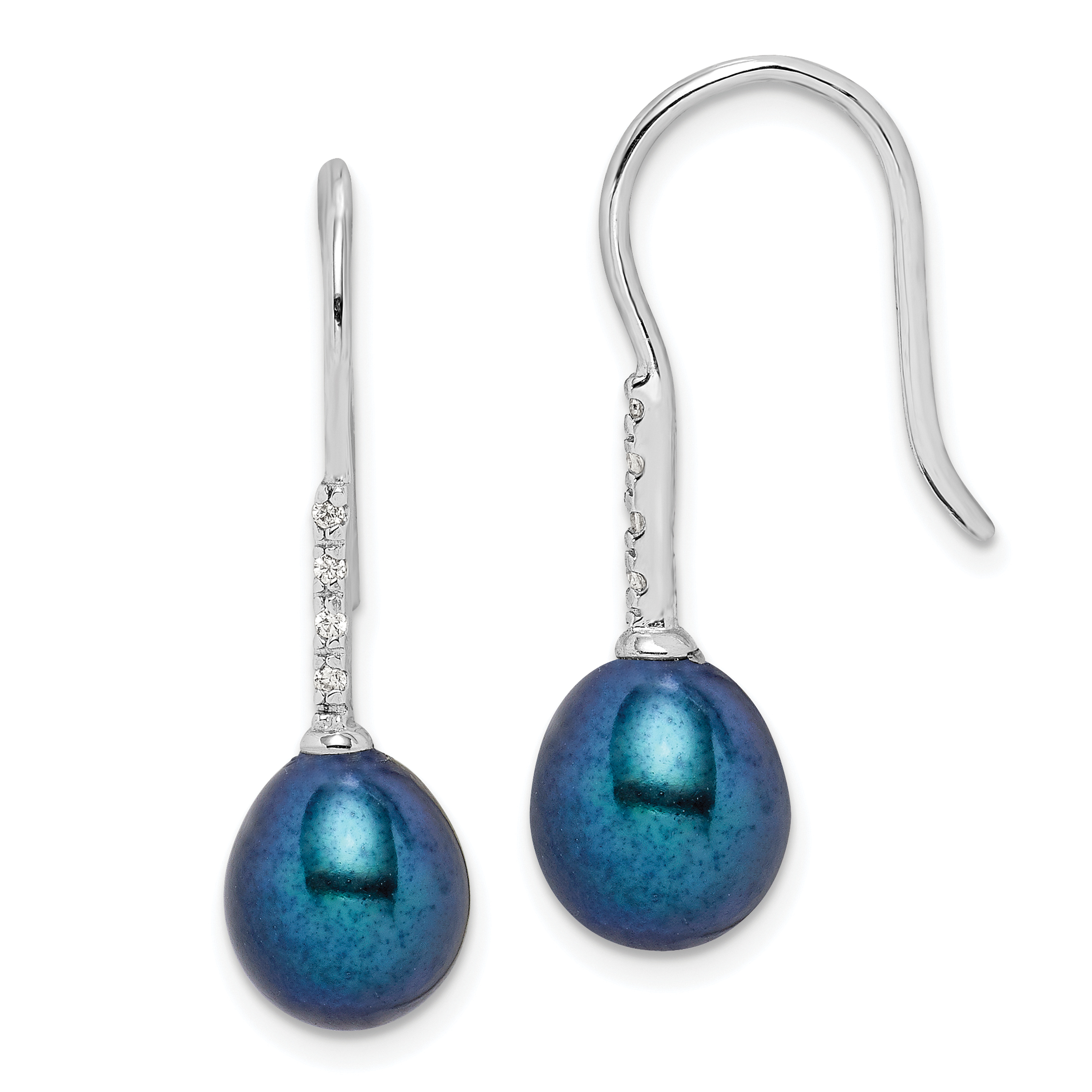 Sterling Silver Rhodium-plated 7-8mm Black Teardrop Freshwater Cultured Pearl and CZ Dangle Earrings (QE14983)
