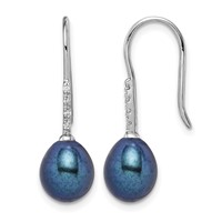 Sterling Silver Rhodium-plated 7-8mm Black Teardrop Freshwater Cultured Pearl and CZ Dangle Earrings view 1