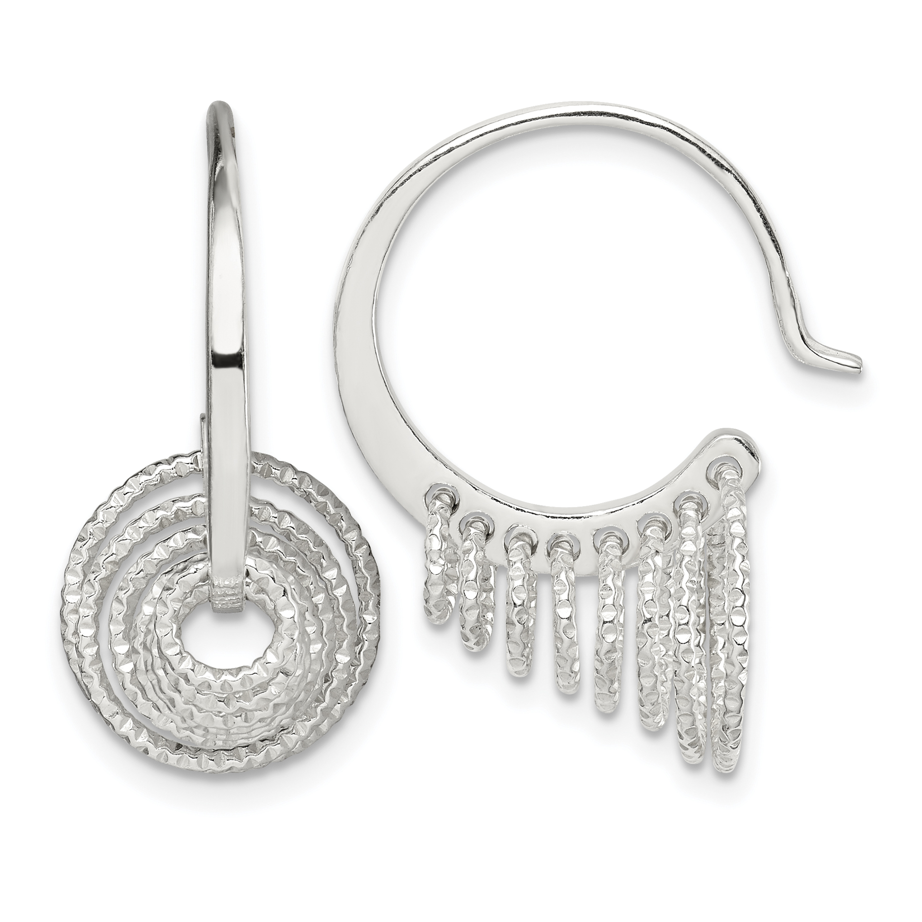 Sterling Silver Polished & Diamond-cut Circles Dangle Hoop Earrings (QE14985)