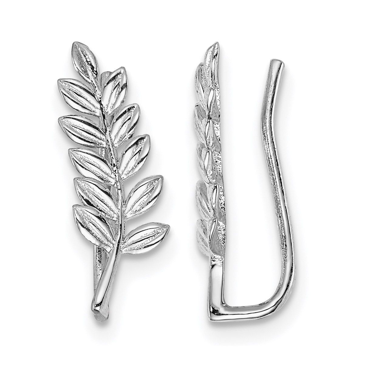 Sterling Silver Rhodium-plated Polished & Textured Leaf Ear Climber Earring (QE14995)