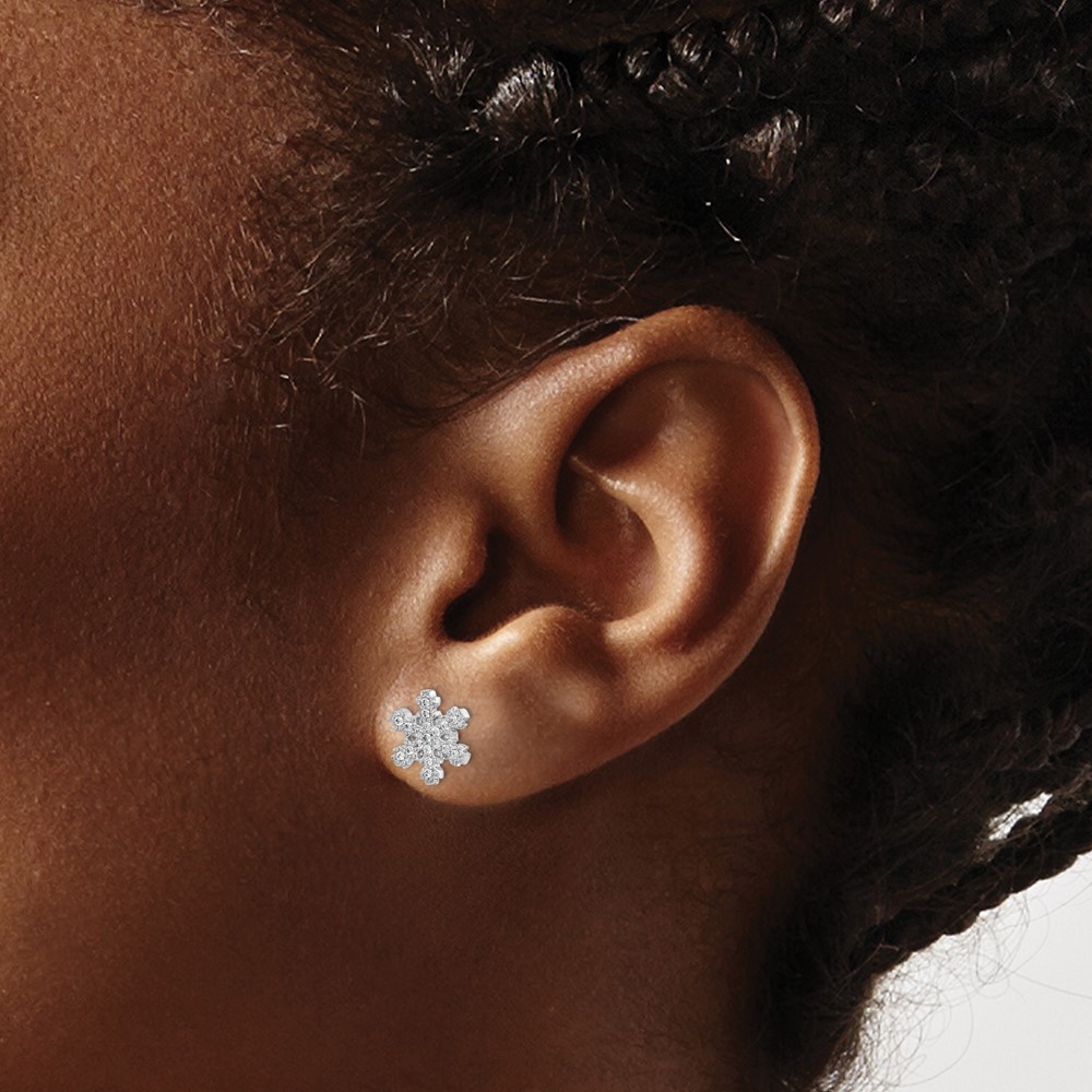 Sterling Silver Rhodium-plated CZ Snowflake Post Earrings (QE15021)