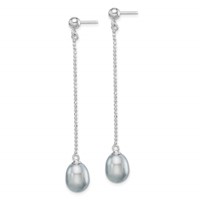 Sterling Silver Rhodium-plated 7-8mm Grey Teardrop Freshwater Cultured Pearl Post Dangle Earrings view 2