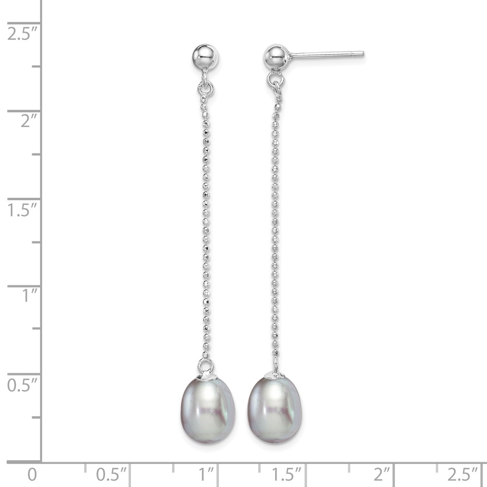 Sterling Silver Rhodium-plated 7-8mm Grey Teardrop Freshwater Cultured Pearl Post Dangle Earrings (QE15029)