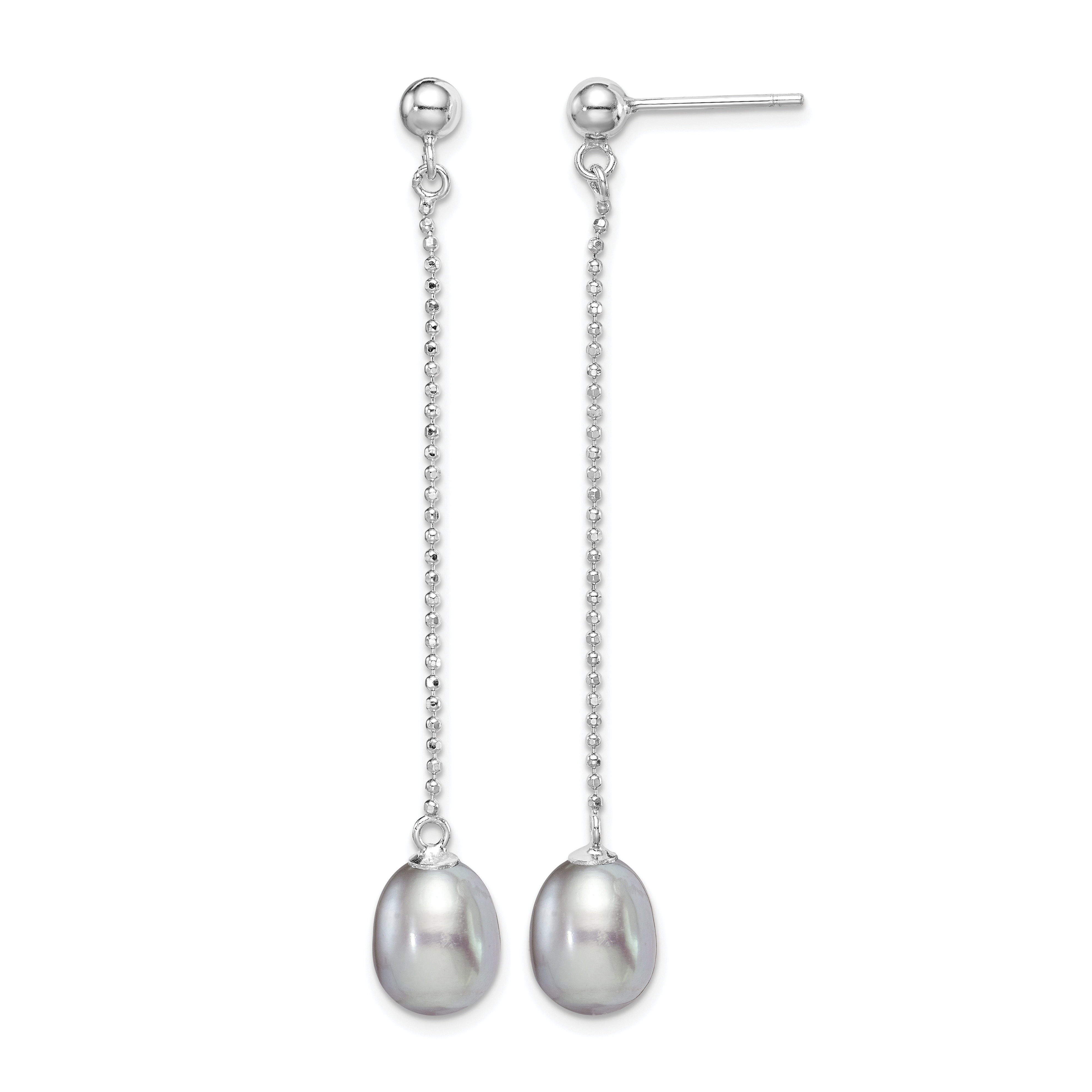 Sterling Silver Rhodium-plated 7-8mm Grey Teardrop Freshwater Cultured Pearl Post Dangle Earrings (QE15029)
