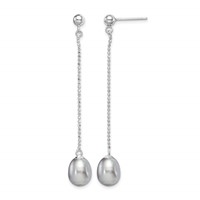 Sterling Silver Rhodium-plated 7-8mm Grey Teardrop Freshwater Cultured Pearl Post Dangle Earrings view 1