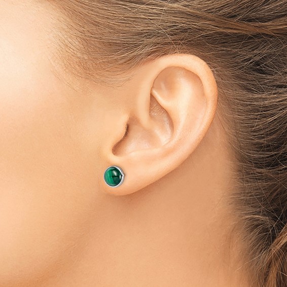 Sterling Silver Rhodium-plated 7mm Malachite Post Earrings