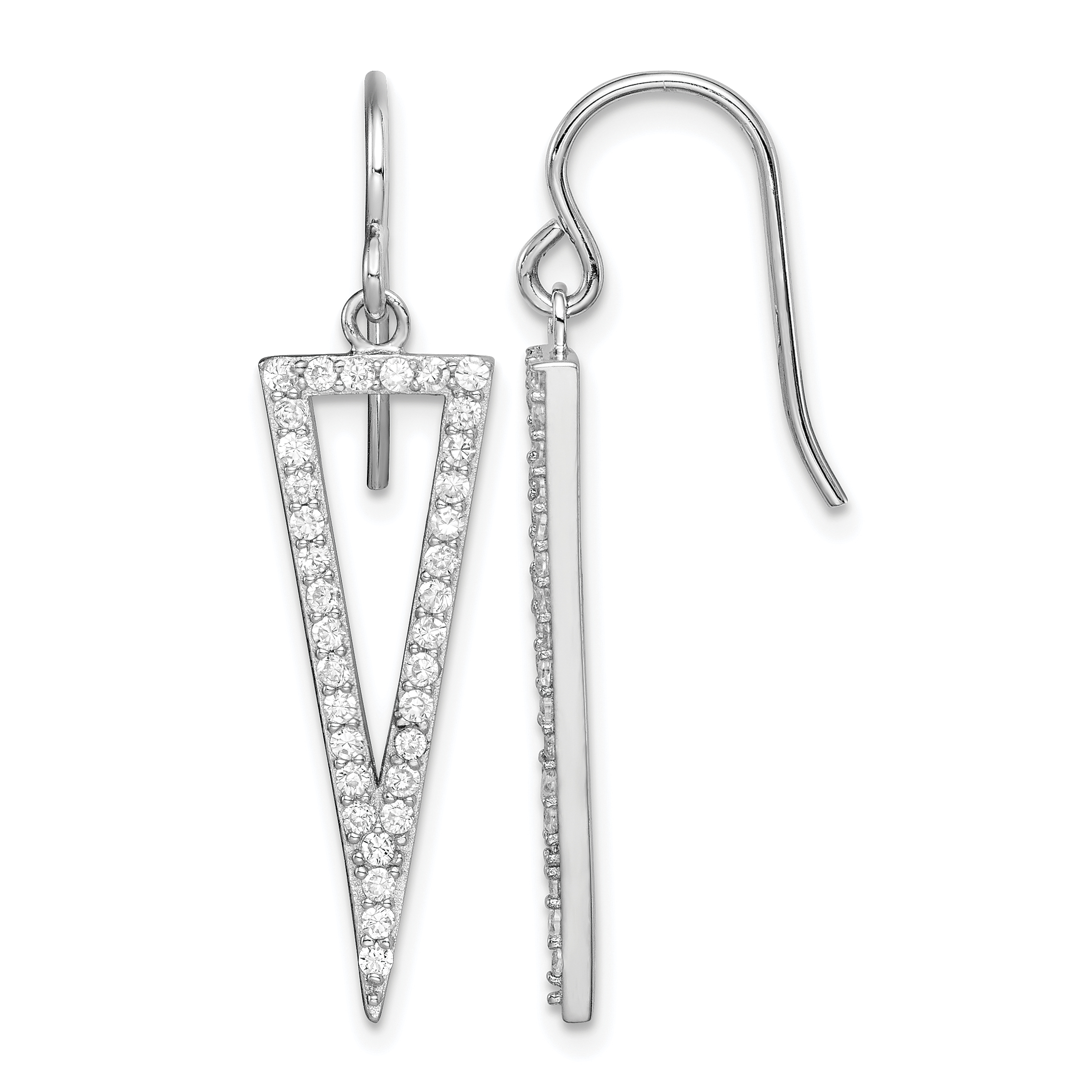 Sterling Silver Rhodium-plated Polished CZ Triangle Dangle Earrings (QE15039)