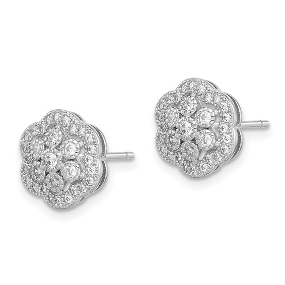 Sterling Silver Rhodium-plated Polished CZ Flower Post Earrings