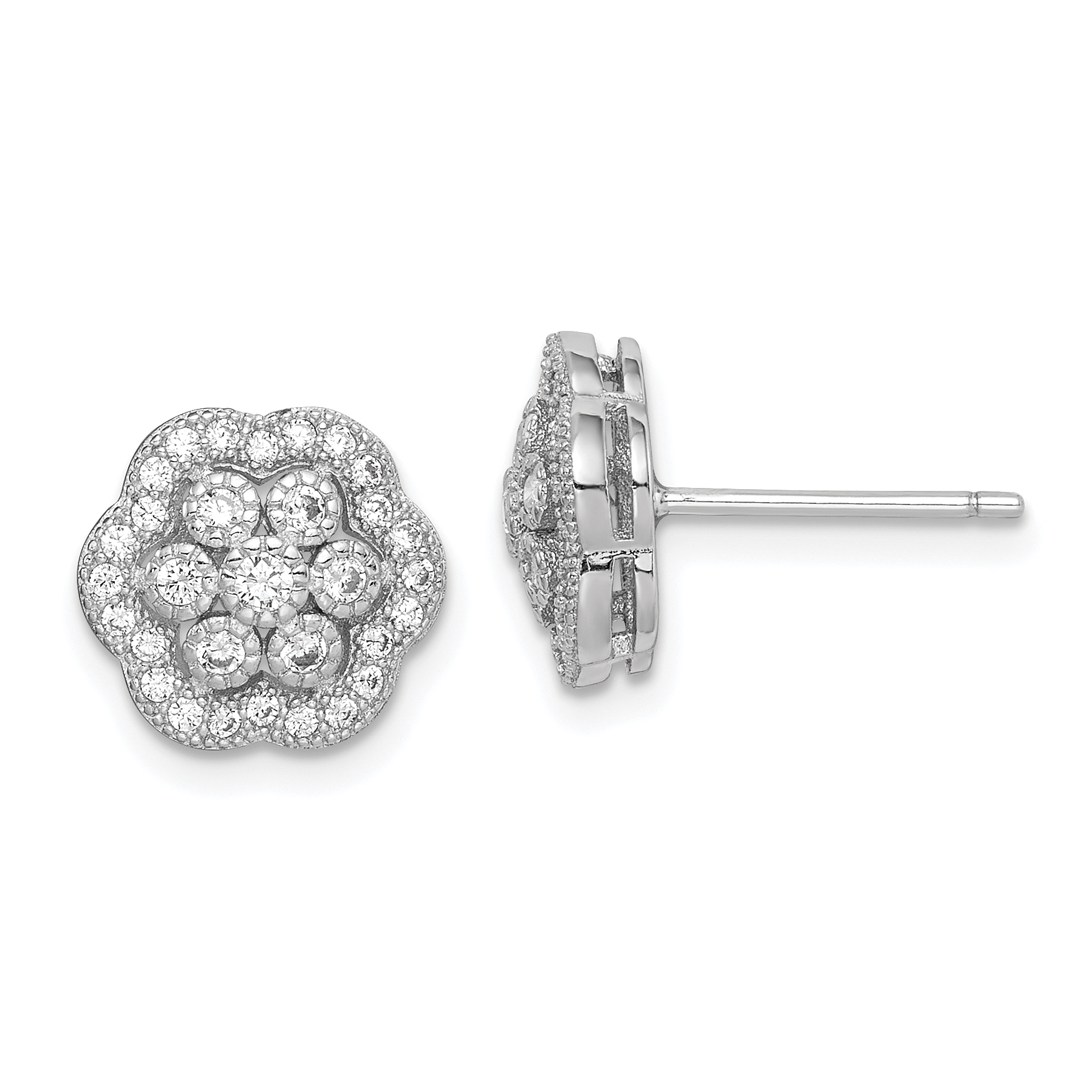 Sterling Silver Rhodium-plated Polished CZ Flower Post Earrings (QE15045)