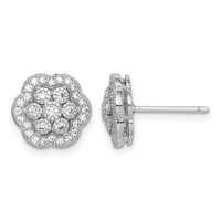 Sterling Silver Rhodium-plated Polished CZ Flower Post Earrings view 1