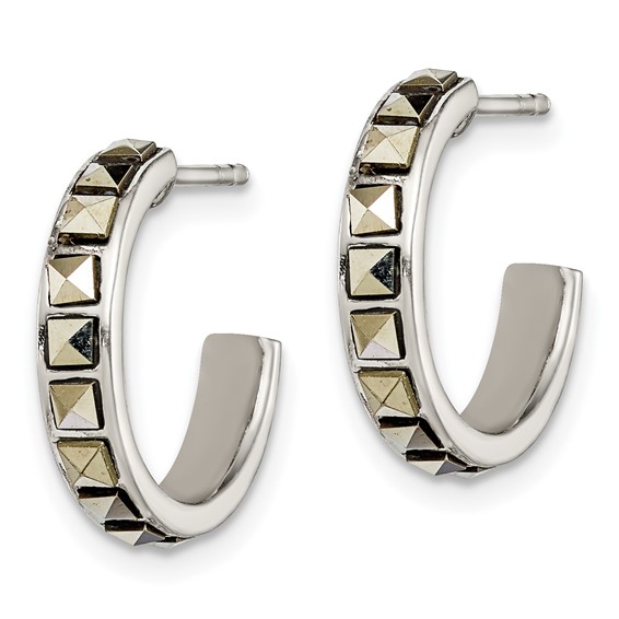 Sterling Silver Square Marcasite 15x3.5 Hoop Post Earrings