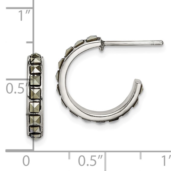 Sterling Silver Square Marcasite 15x3.5 Hoop Post Earrings