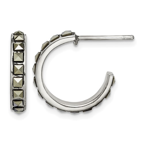 Sterling Silver Square Marcasite 15x 3.5 Hoop Post Earrings