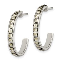 Sterling Silver Square Marcasite 25x3.5 Hoop Post Earrings view 2