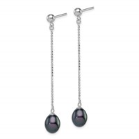 Sterling Silver Rhodium-plated 7-8mm Black Teardrop Freshwater Cultured Pearl Post Dangle Earrings view 2