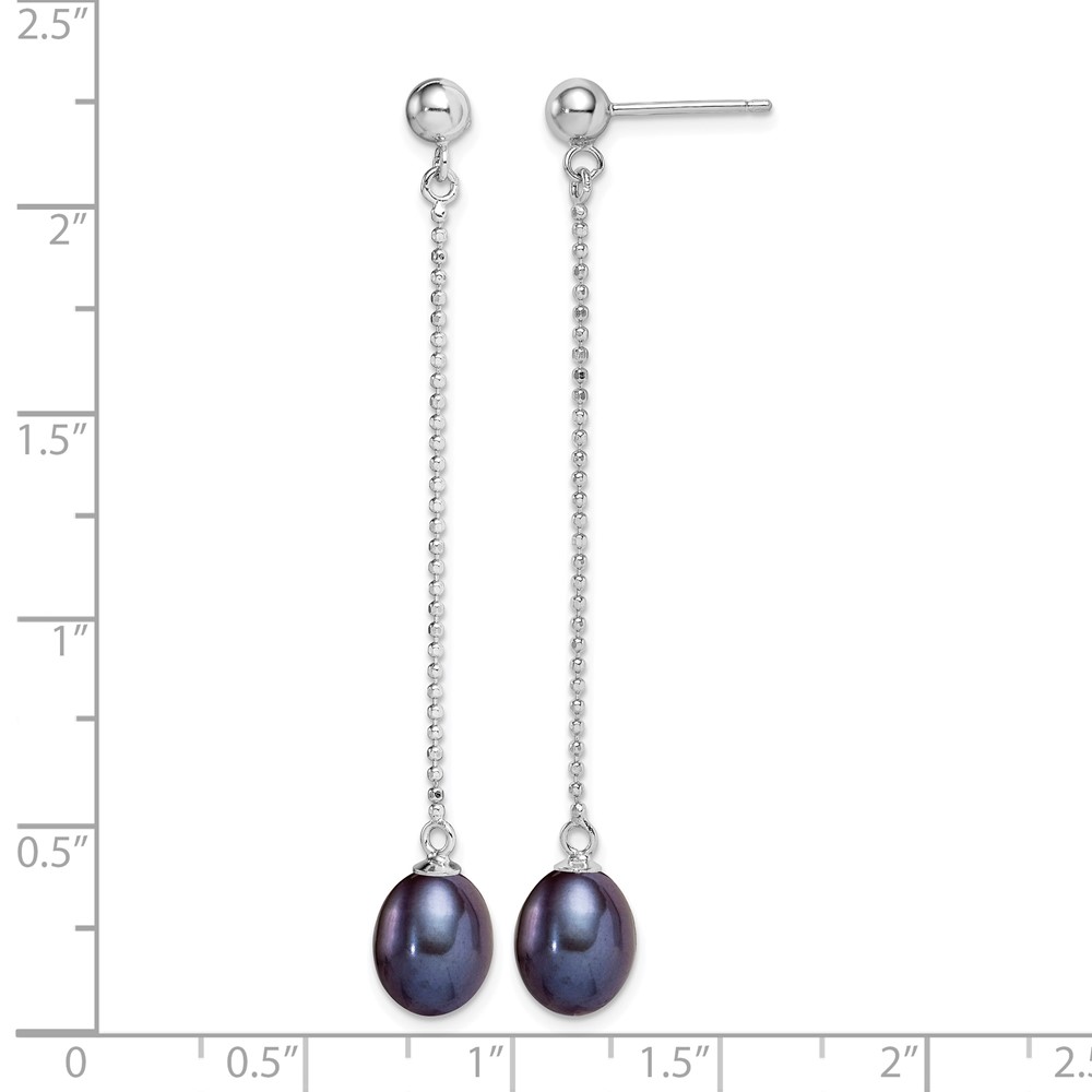 Sterling Silver Rhodium-plated 7-8mm Black Teardrop Freshwater Cultured Pearl Post Dangle Earrings (QE15052)