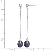 Sterling Silver Rhodium-plated 7-8mm Black Teardrop Freshwater Cultured Pearl Post Dangle Earrings view 4