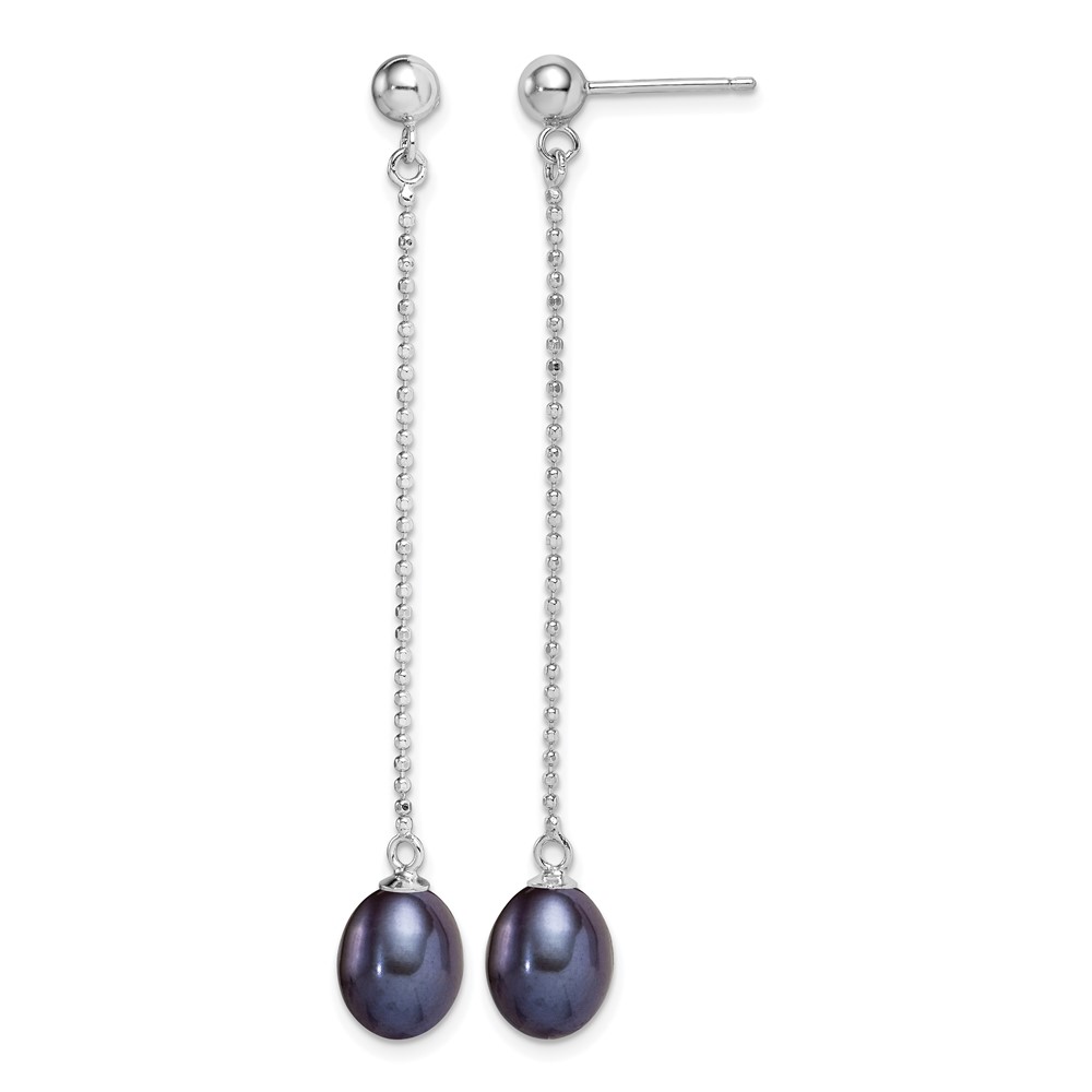 Sterling Silver Rhodium-plated 7-8mm Black Teardrop Freshwater Cultured Pearl Post Dangle Earrings