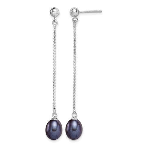Sterling Silver Rhodium-plated 7-8mm Black Teardrop Freshwater Cultured Pearl Post Dangle Earrings